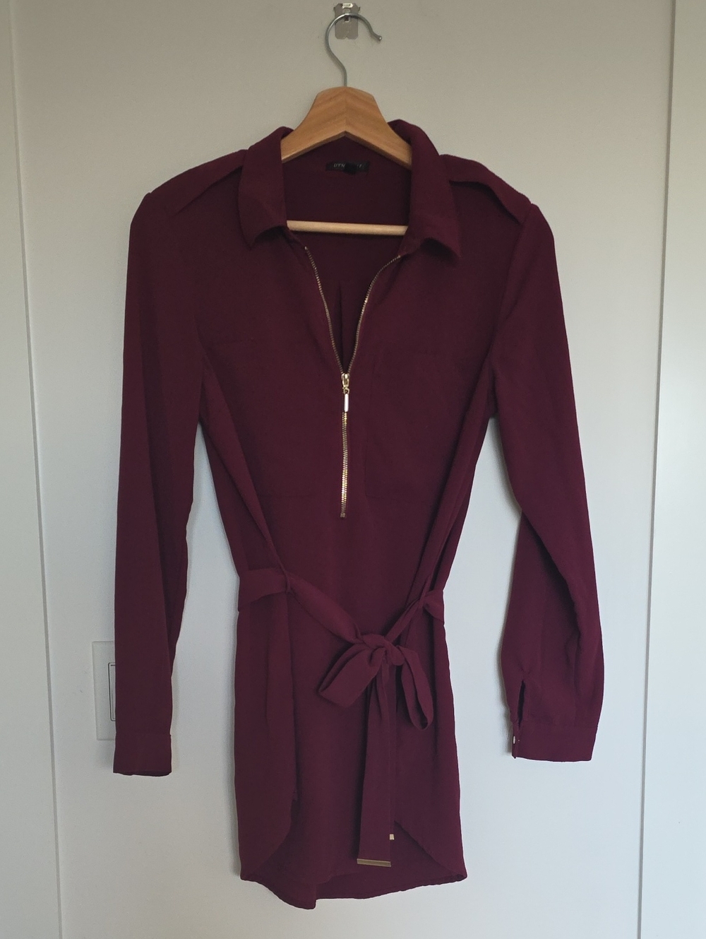 Women's Long Sleeve Burgundy Tunic with Zip Front and Waist Tie